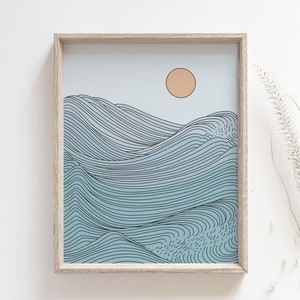 Sunset print - Ocean art poster, Seaside illustration, Simple line wave drawing, Boho wall decor, Beach house decor, DIGITAL DOWNLOAD