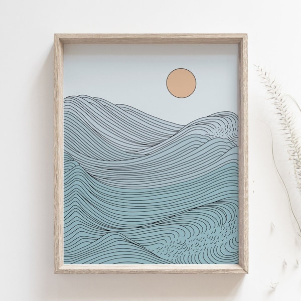 Sunset print - Ocean art poster, Seaside illustration, Simple line wave drawing, Boho wall decor, Beach house decor, DIGITAL DOWNLOAD