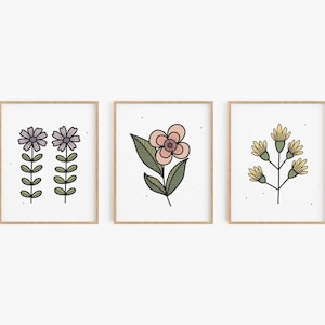 Ensemble d'impressions de fleurs - Ensemble de 3, ensemble d'affiches vintage de fleurs sauvages, art minimaliste des prairies botaniques scandinaves, art déco de chambre d'enfant, impression postale