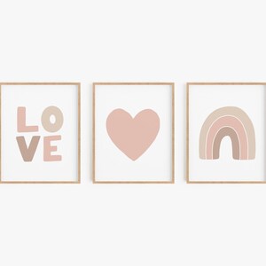 Love, heart & rainbow print set of 3 Minimalist love poster set, Pastel pink nursery art, Simple scandinavian wall art, DIGITAL DOWNLOAD image 1
