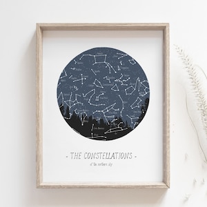 Impresión de constelaciones: póster artístico del cielo nocturno del hemisferio norte, estrellas y carta del zodíaco, astronomía, ciencia, decoración del hogar, DESCARGA DIGITAL