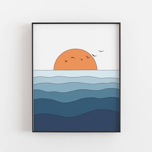 Impresión de puesta de sol - Póster del océano, Arte paisajístico abstracto de mediados de siglo, Arte lineal minimalista, Decoración de casa de playa, Arte de pared de oficina, DESCARGA DIGITAL