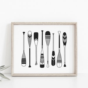 Paddle print - Painted canoe paddles poster, Black and white minimalist lake art, Beach house decor, Modern wall art, DIGITAL DOWNLOAD