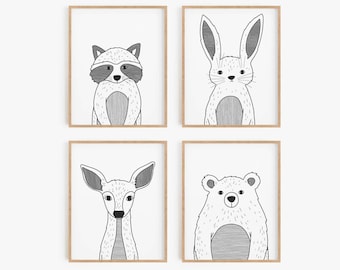 Baby animal print set of 5 - Woodland animals poster set, Bear, Hare, Raccoon, Fox, Deer, Wilderness nursery art, Wall art, DIGITAL DOWNLOAD
