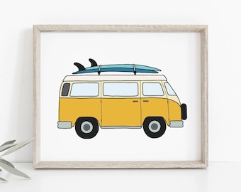 Surf van print - Vintage yellow camper van, Blue surfboards, Cartoon drawing wall art, Beach house decor, Car poster, DIGITAL DOWNLOAD