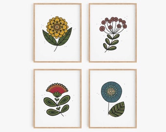 Ensemble d'impression de fleurs - Ensemble de 4, ensemble d'affiches de fleurs sauvages vintage, décor d'art de prairies botaniques scandinaves minimalistes, décor de cuisine, MAILED PRINT