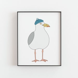 Seagull print - Cozy seagull with blue beanie, Sailing poster, Herring gull, Seabird, Coastal wall art, Kitchen decor, DIGITAL DOWNLOAD