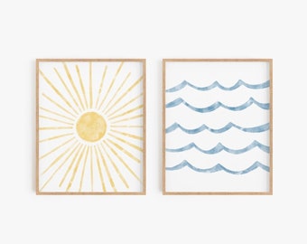 Sun & sea print set, Sun and water poster set of 2, Ocean waves, Lake art, Pool art, Watercolor, Drawing, Wall art, Home decor, MAILED PRINT