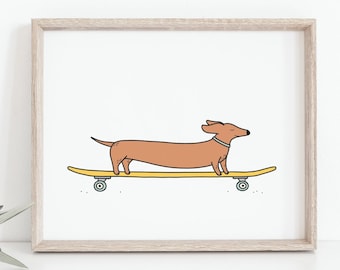 Wiener dog skateboarding print - Longboarding sausage dog poster, Dachshund illustration, Dog drawing, Colorful wall art, MAILED PRINT
