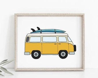 Surf van print - Vintage yellow camper van, Blue surfboards, Cartoon drawing wall art, Beach house decor, Surf decor art, MAILED PRINT