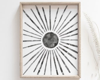 Zwarte zonafdruk - Bohozonposter, aquarel eenvoudige lijntekeningen, zonsopgang, zonsondergang, minimalistisch wanddecor, keukenkunstprint, DIGITALE DOWNLOAD