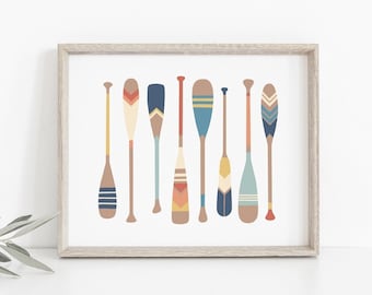 Paddle print - Painted canoe paddles, Oar art print, Colorful vintage nautical art, Lake house decor, Beach house decor, MAILED PRINT