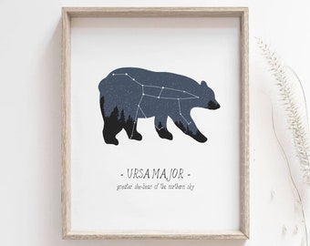 Great bear constellation print, Ursa major, Big dipper, Astronomy poster, Bear drawing, Star map, Wall art, Wall decor, MAILED PRINT