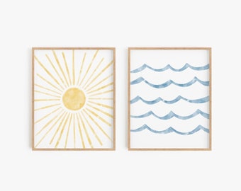 Sun & sea print set - Sun and water poster set of 2, Ocean waves, Lake art, Pool art, Watercolor, Wall art, Home decor, DIGITAL DOWNLOAD