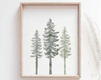 Kiefern Bäume Druck - Wald Poster, Minimalistische Aquarell Fichten Kunst, Evergreen, Berghütte Wanddekoration, Wald Dekoration, DIGITAL DOWNLOAD