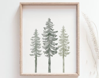 Impression de pins - Affiche de forêt, Art d'épinette aquarelle minimaliste, Evergreen, Décoration murale de chalet de montagne, Décor boisé, TÉLÉCHARGEMENT NUMÉRIQUE