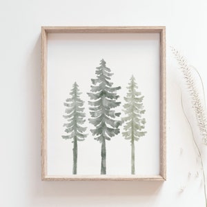 Peut inclure: Une impression aquarelle encadrée de trois arbres verts stylisés sur un fond blanc.