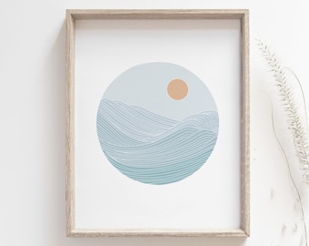 Sunset print, Ocean sunset poster, Turquoise boho simple line japanese wave, Minimalist beach house decor, MAILED PRINT