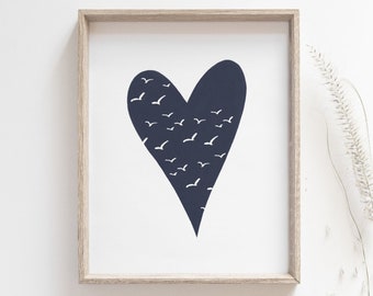 Heart print - Flock of seagulls in the sky poster, Beach house decor, Coastal nursery, Navy blue wall art, Nautical decor, DIGITAL DOWNLOAD