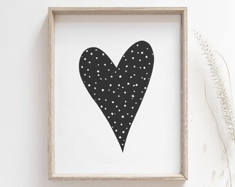 Heart print - Black polka dots poster, Simple rustic heart, Love, family, friendship, Nursery wall art, Beach house decor, MAILED PRINT