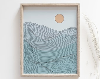 Impresión de puesta de sol - Póster de arte oceánico, Ilustración junto al mar, Dibujo de ondas de línea simple, Decoración de pared boho, Decoración de casa de playa, DESCARGA DIGITAL