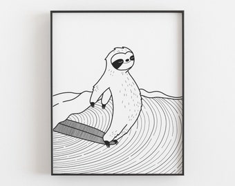Surfing sloth print, Black and white surfing animal poster, Ocean wave, Simple wall art, Beach house decor, Surf wall art, DIGITAL DOWNLOAD