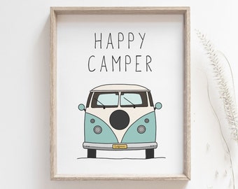 Happy Camper Print - affiche de camping-car turquoise vintage, Aventure, Art de voyage, Vie en van, Impression de voiture, Art des transports, TÉLÉCHARGEMENT NUMÉRIQUE