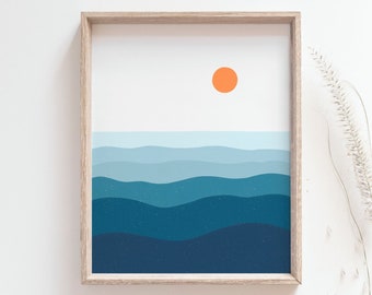 Impression de coucher de soleil - Affiche de coucher de soleil sur l'océan, Soleil et vague, Décor d'art mural côtier de maison de plage colorée minimaliste, Art mural moderne, IMPRESSION PAR LA POSTE