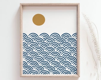 Sunset print, Japanese wave pattern poster, Ocean sunset, Boho minimalist simple line art, Coastal nursery, Sea wave print, DIGITAL DOWNLOAD