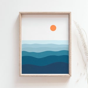 Impresión de puesta de sol - Póster de puesta de sol en el océano, sol y olas, decoración de arte de pared costero de casa de playa colorida minimalista, arte de pared moderno, DESCARGA DIGITAL