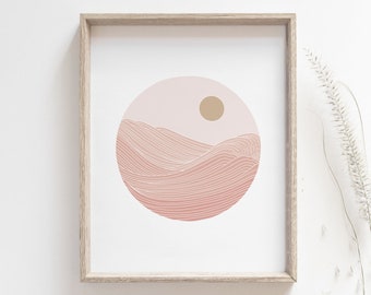 Sunset print - Japanese wave poster, Ocean sunset, Mountain sunrise, Pastel minimalist beach house decor, Beach house print, MAILED PRINT