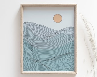 Sunset print - Japanese ocean art poster, Seaside illustration, Simple line wave drawing, Boho wall decor, Beach house decor, MAILED PRINT