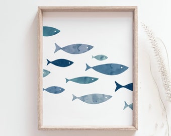 Vis print - Shoal of fish art poster, aquarel vis kunst print, blauwe vis schilderij, kust decor, nautische kunst aan de muur, DIGITALE DOWNLOAD