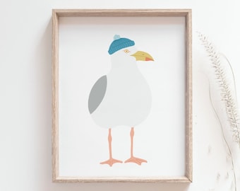 Seagull print - Cozy seagull with blue beanie, Sailing poster, Herring gull, Seabird, Beach house wall art, Office decor, DIGITAL DOWNLOAD