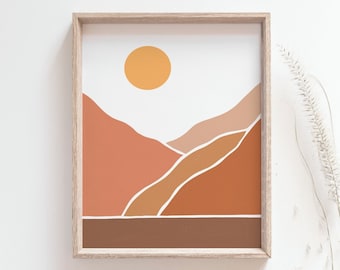 Sunset over the mountain print - Mountain Art Print, Landscape Wall Art, Midcentury Modern Decor, Forest print, Boho decor, MAILED PRINT