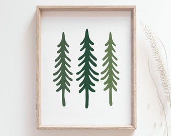 Pine trees print - Forest poster, Minimalist rubber stamp style art, Spruce, Mountain cottage wall decor, Woodland poster, DIGITAL DOWNLOAD