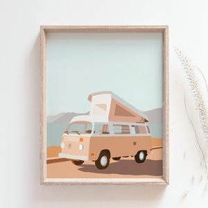 Vintage camper van print - Road trip poster, California art, Surf adventure, Travel art, Beach house decor, Office decor, DIGITAL DOWNLOAD