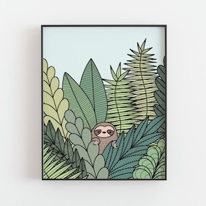 Faultier Poster - Verstecktes Faultier, Busch, Farn, Dschungel, Pflanzen, minimalistisches skandinavisches Dekor, Wandkunst, Wohndeko Poster, DIGITAL DOWNLOAD