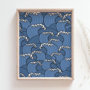 Japanese wave pattern print - Deep indigo blue simple line wave poster, Minimalist wall art, Beach house, Office wall art, DIGITAL DOWNLOAD