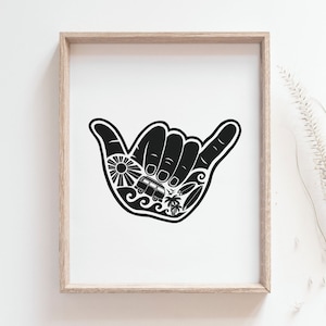 Impresión del cartel de Shaka: póster de buenas vibraciones, arte de pared minimalista para relajarse, póster de surf, decoración de casa de playa, dibujado a mano, DESCARGA DIGITAL