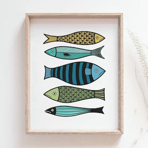 Fish print - Colorful sardine poster, Fish drawing, Nautical wall art, Coastal decor, Minimalist animal art, Printable art, MAILED PRINT