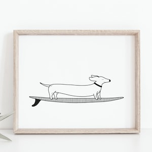 Weiner dog surfing, Funny animal poster, Colorful longboard art, Cartoon drawing, Nursery, Kids room decor, Puppy wall art, DIGITAL DOWNLOAD