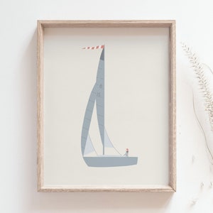 Impresión de velero, póster de barco sencillo en el horizonte, lago, océano, mar, decoración de casa de playa, guardería costera, arte de pared de oficina, descarga digital