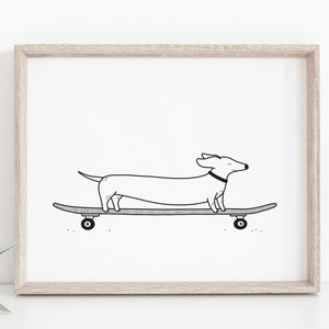 Wiener dog skateboarding - Funny animal poster, Longboard art, Cartoon drawing, Dog art, Teens room decor, Puppy wall art, MAILED PRINT