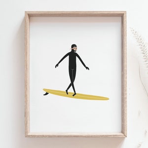Surfer girl print - Femmes chevauchant une planche de surf longboard jaune, Affiche d'art minimaliste, Décor de maison de plage, Décor de chambre de filles, MAILED PRINT