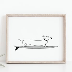 Wiener dog surfing, Funny animal poster, Colorful longboard art, Cartoon drawing, Nursery, Kids room decor, Puppy wall art, MAILED PRINT