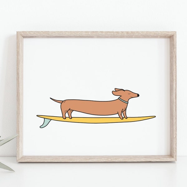 Wiener dog surfing, Funny animal poster, Colorful longboard art, Cartoon drawing, Nursery, Kids room decor, Beach wall art, DIGITAL DOWNLOAD