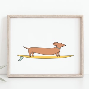 Wiener dog surfing, Funny animal poster, Colorful longboard art, Cartoon drawing, Nursery, Kids room decor, Beach wall art, DIGITAL DOWNLOAD