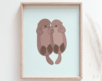 Impresión de nutrias marinas - Póster de nutrias tomadas de la mano, Arte divertido de animales para guardería, Decoración costera, Arte para dormitorio de adolescentes, Póster de pared, DESCARGA DIGITAL