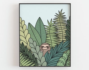 Impression paresseux - Poster paresseux qui se cache, buisson, fougère, jungle, plantes, décoration scandinave minimaliste, art mural, affiche de décoration intérieure, impression postale